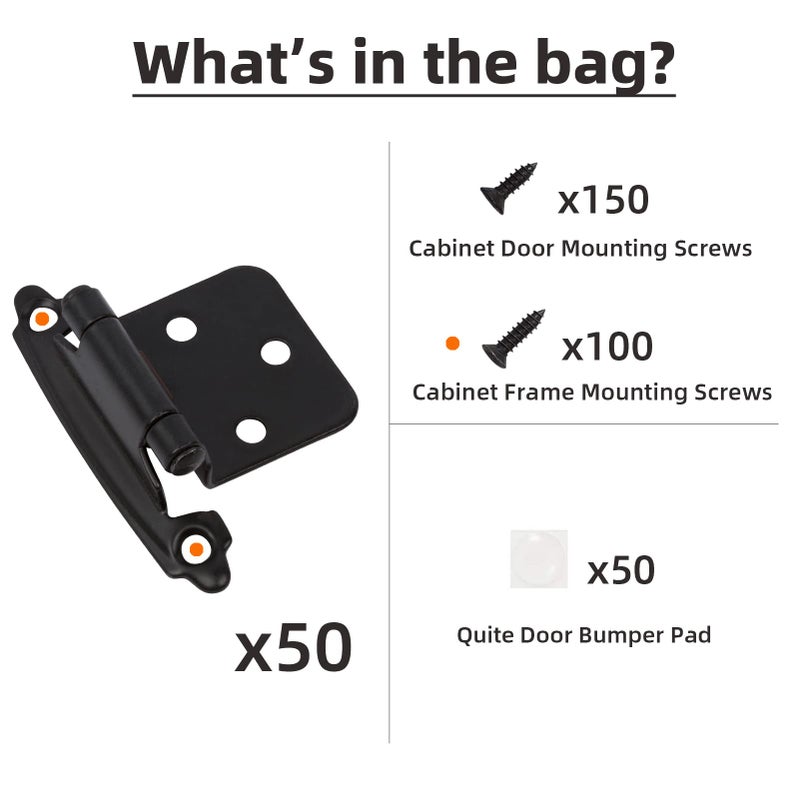 Decobasics 1/2" Overlay Matte Black Cabinet Hinges 50 Pack (25 Pair) Self Closing Bath & Kitchen Cabinet Hinges Black Flush Mount w/Door Bumpers & Upgraded Screws - Image 5